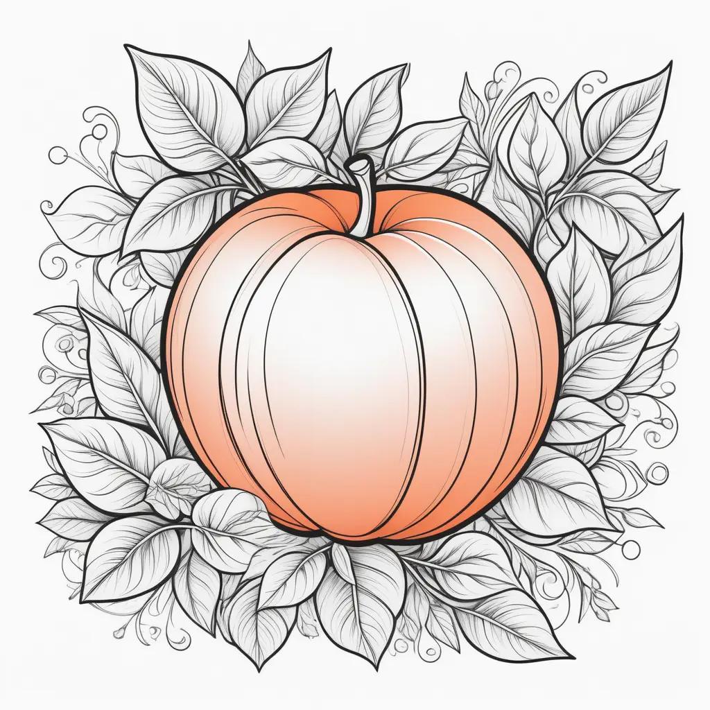 Peach coloring page with leaves in black and white