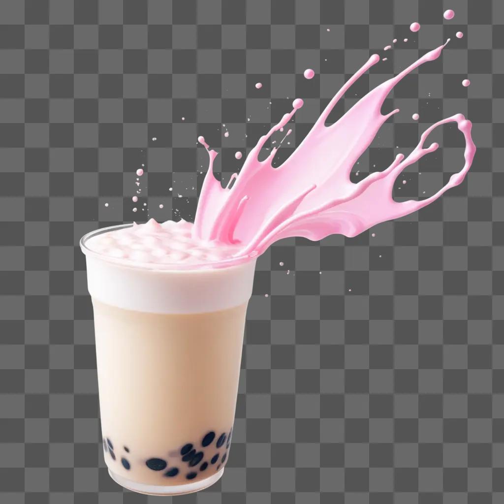 Pearl milk tea splashing over pink liquid in a glass