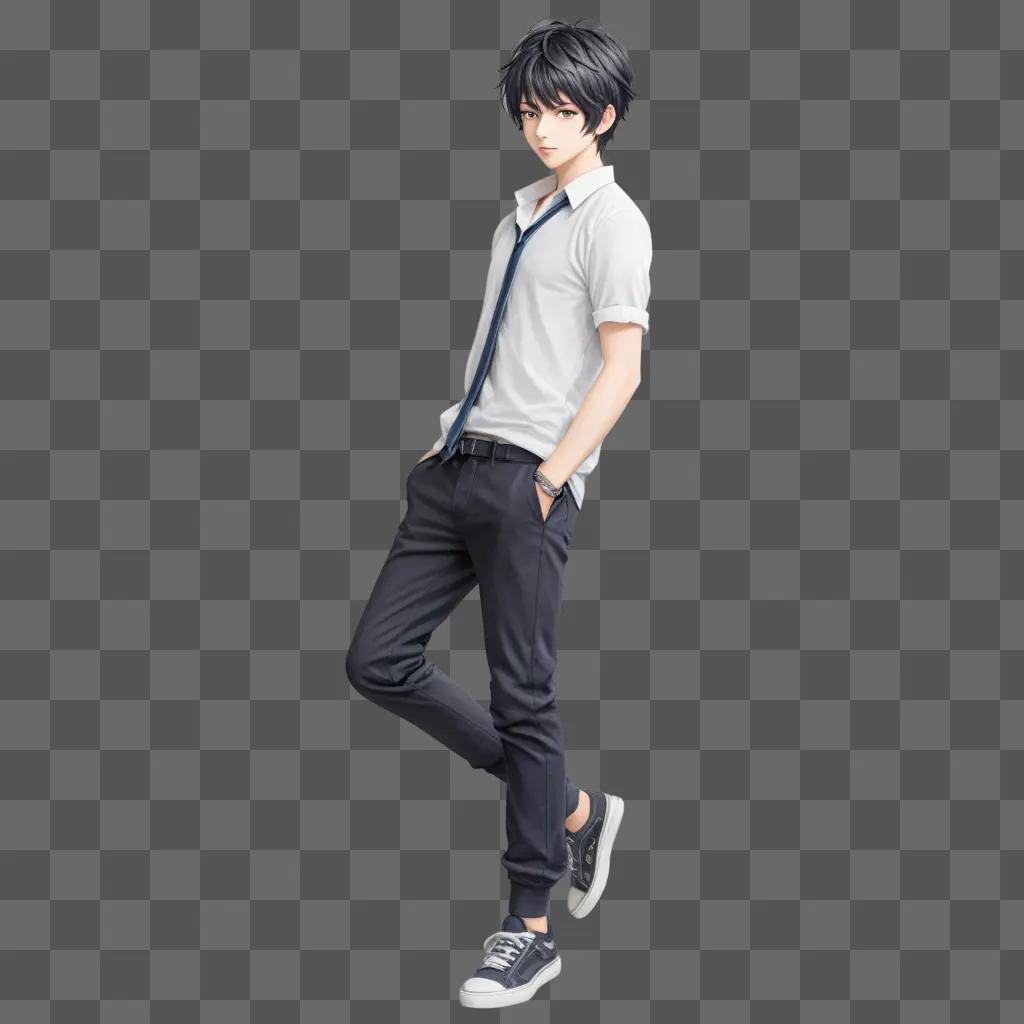 Pencil anime boy drawing posing with pants