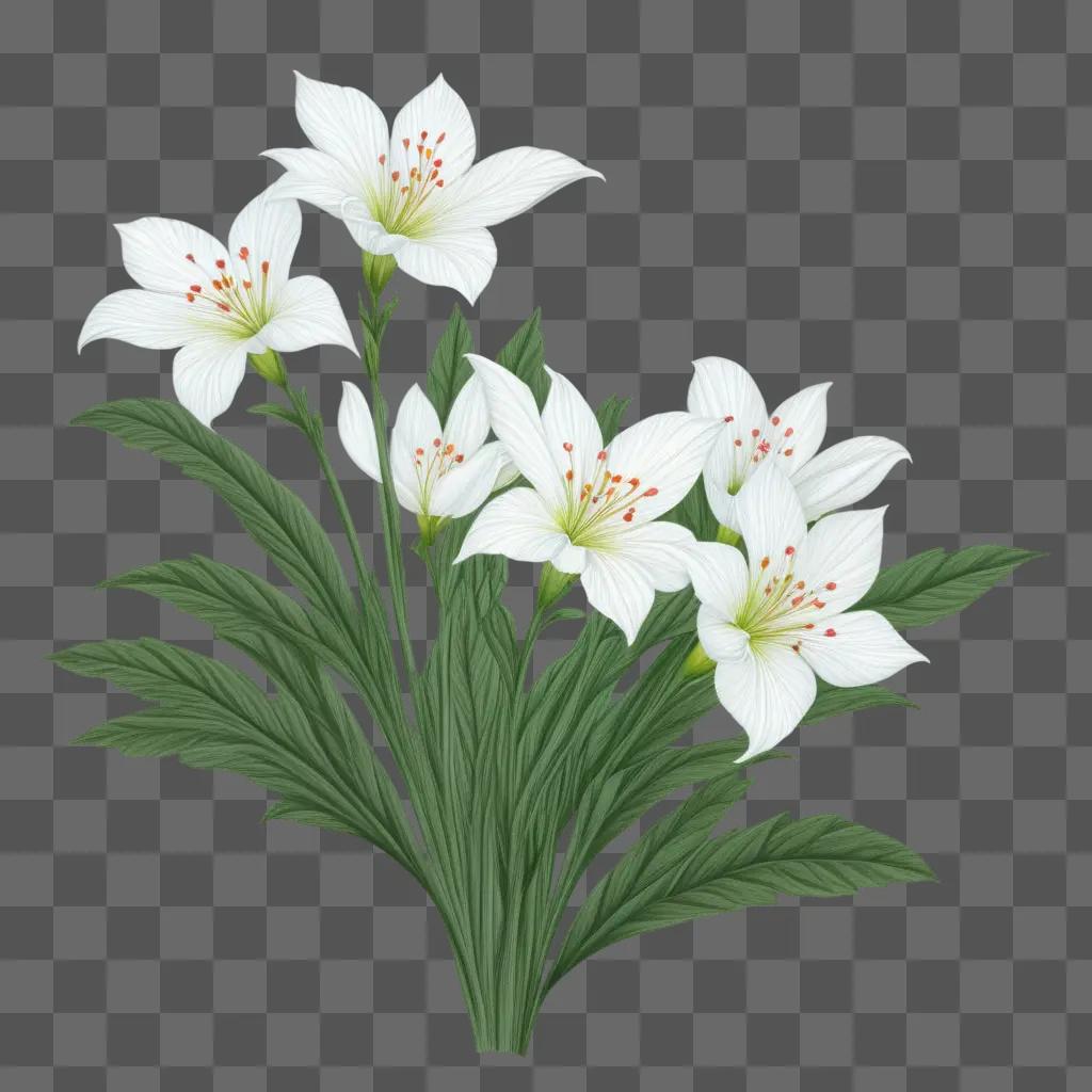 Pencil drawing of white flowers on green background