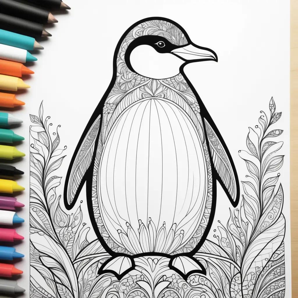 Penguin coloring page with colorful pencils on the table