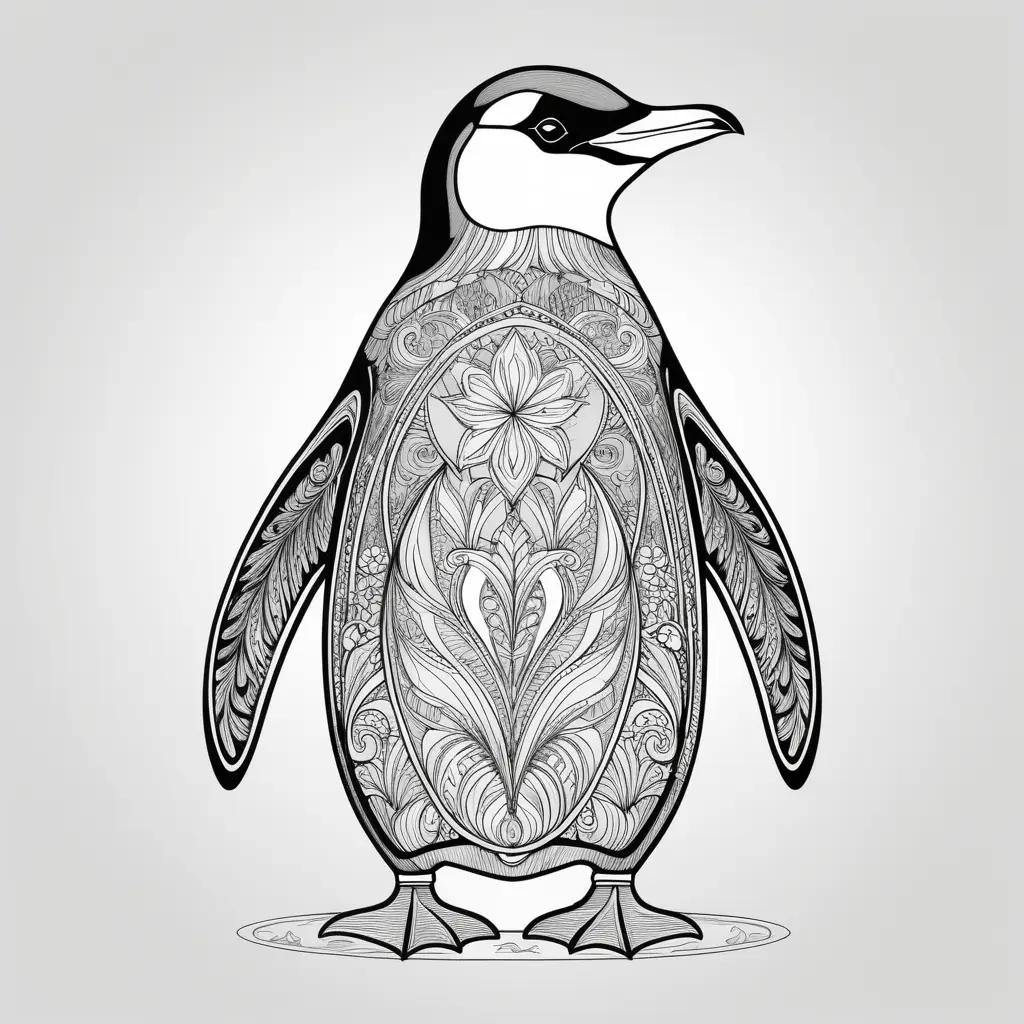 Penguin with colorful pattern on black and white page