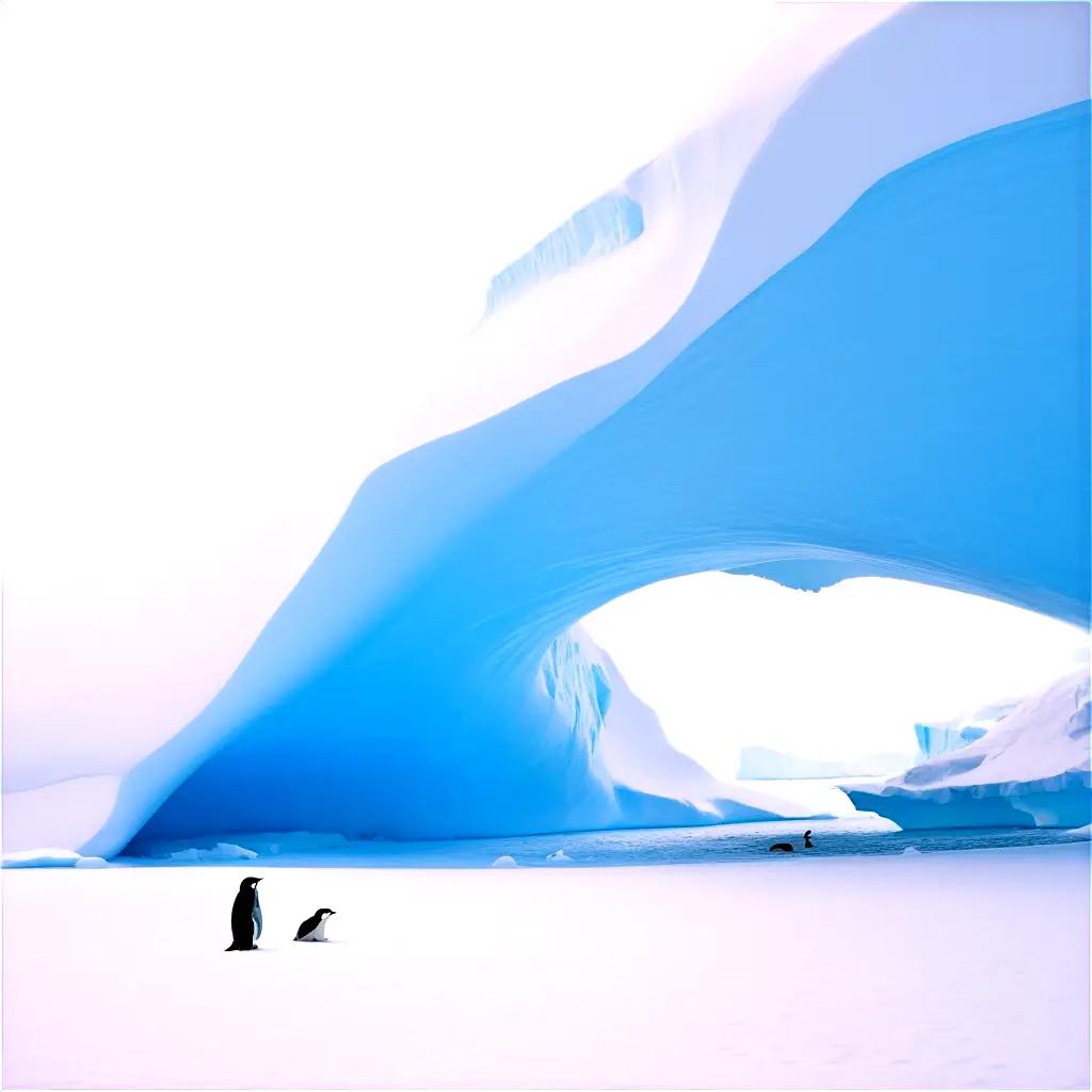 Penguins on ice under a blue sky