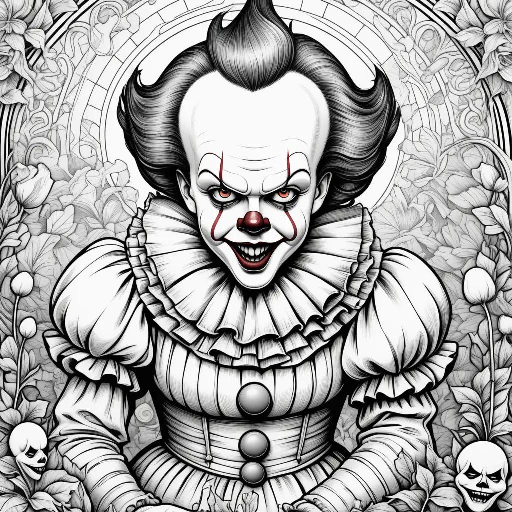 Pennywise coloring pages with a scary face and a black dress