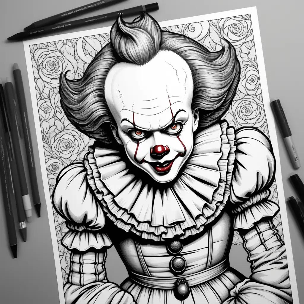 Pennywise coloring pages with ink pens and markers