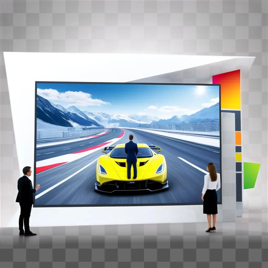 People admiring large screen display of yellow sports car