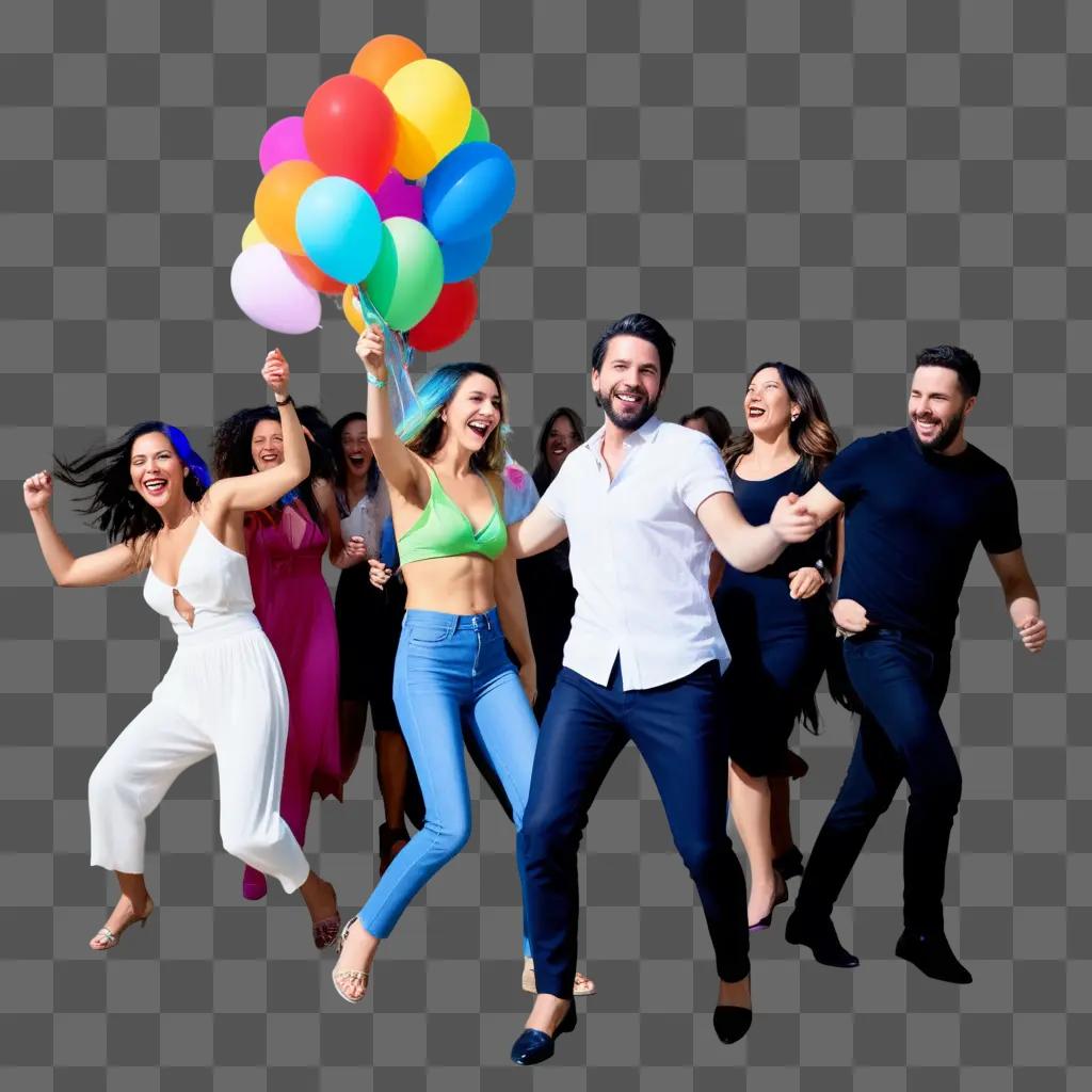 People at a party with balloons and a man in a white shirt