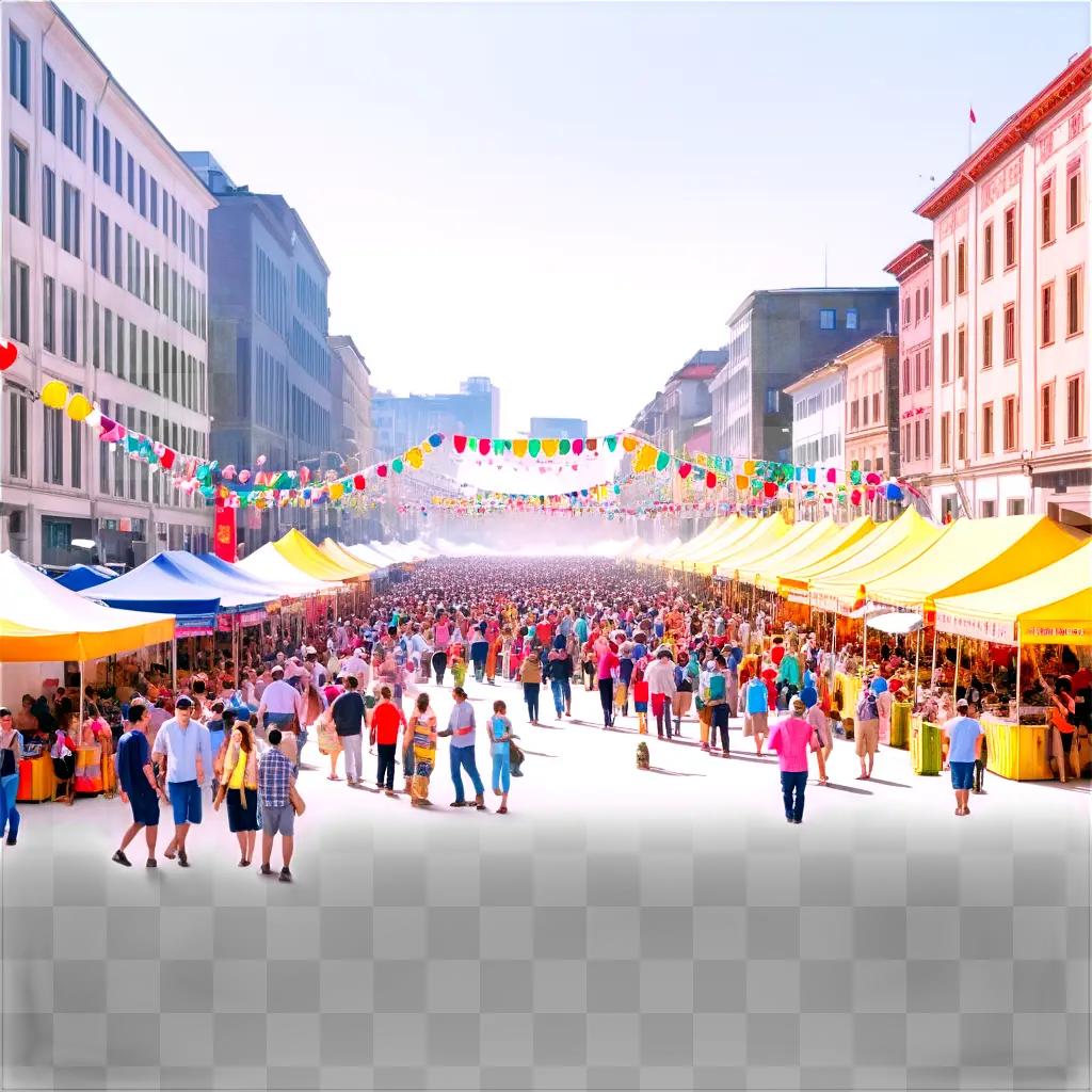 People at a street festival with colorful tents