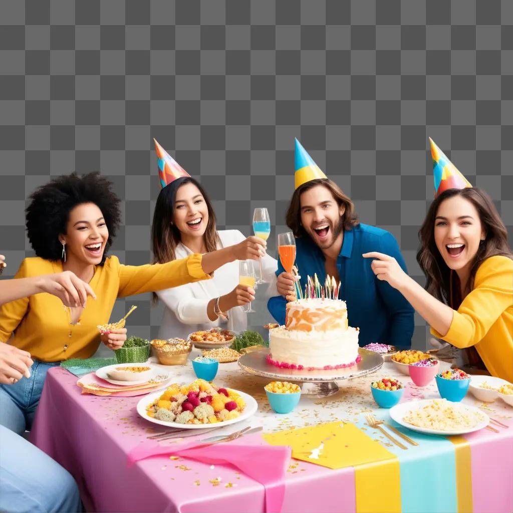 People celebrating birthday with drinks and food