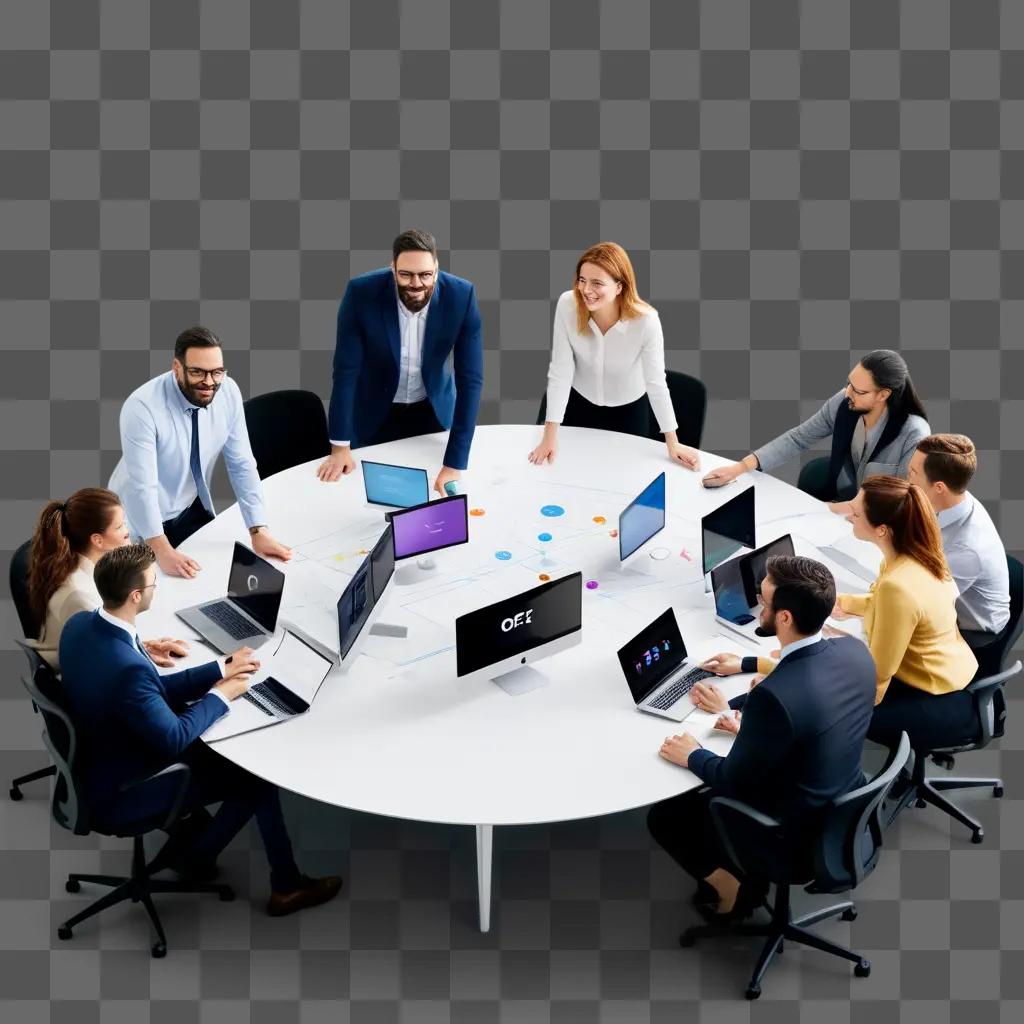 People collaborating around a round table with laptops