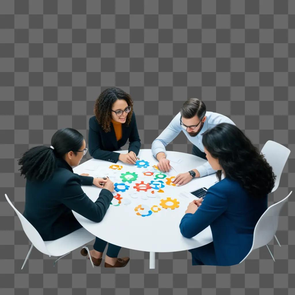 People collaborating around a table with colorful gears