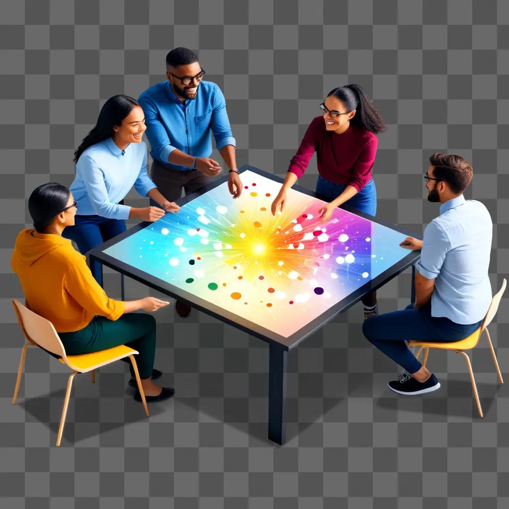 People collaborating on a colorful table