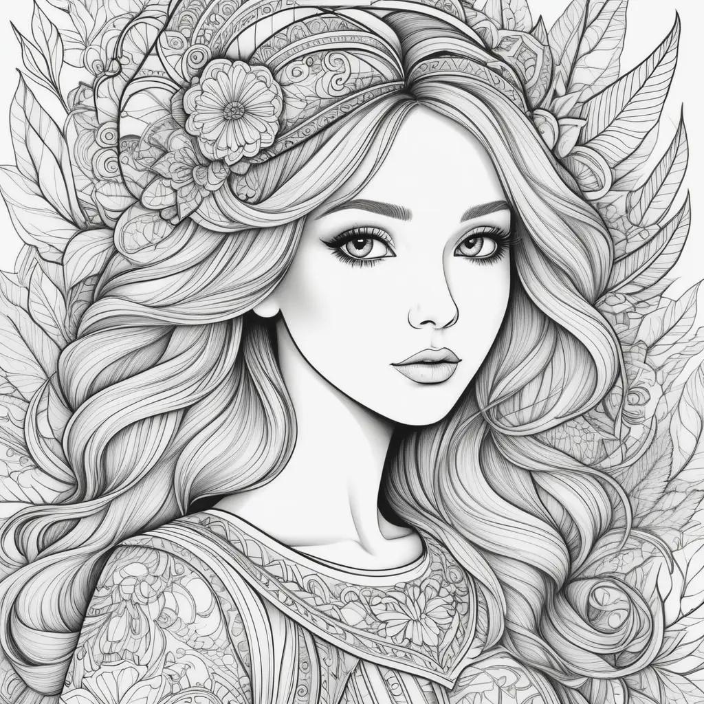 People coloring pages featuring a beautiful woman and floral elements