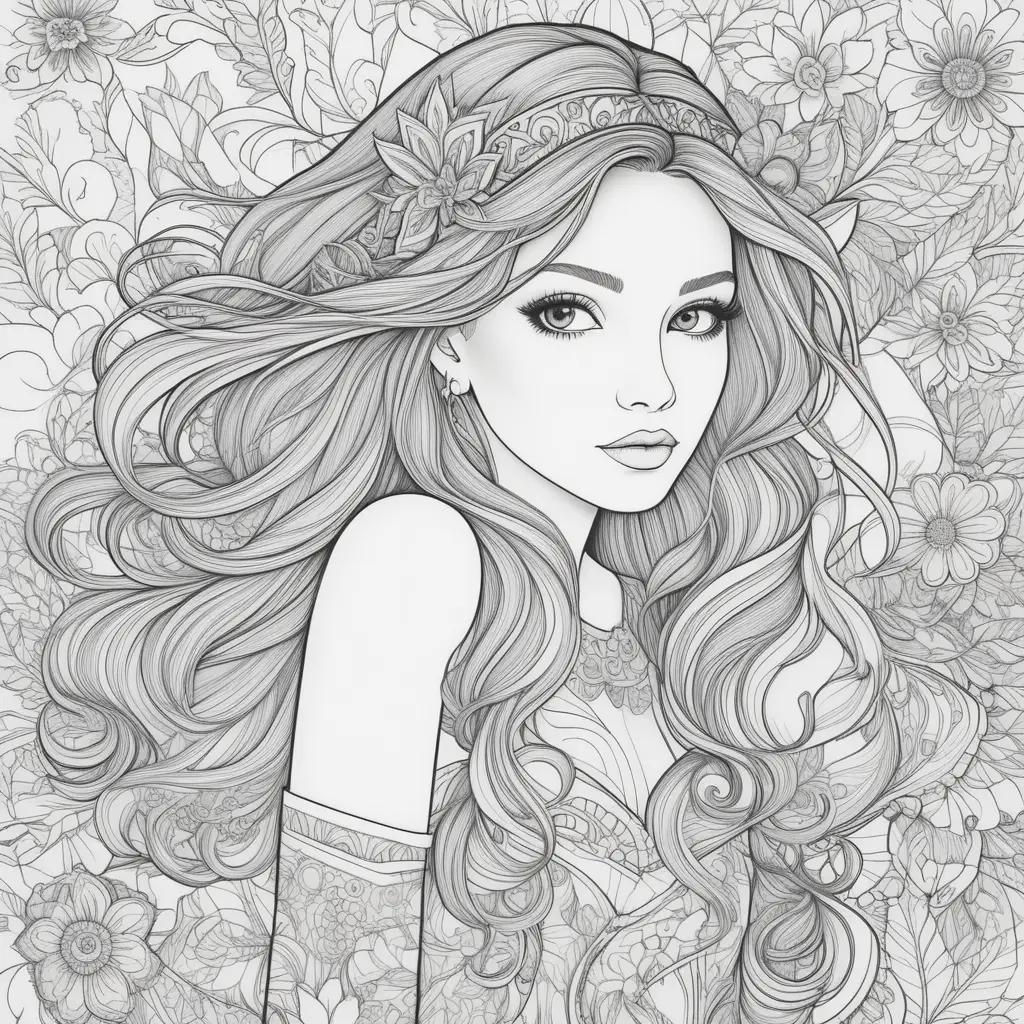 People coloring pages featuring a woman with long hair and flowers