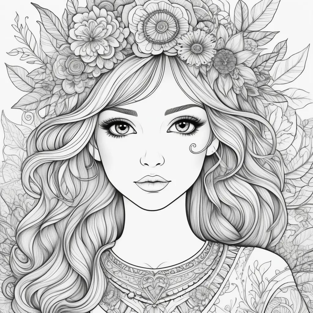 People coloring pages with beautiful women and flowers