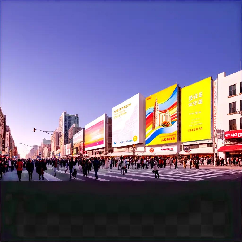 People cross street in busy urban area with billboards