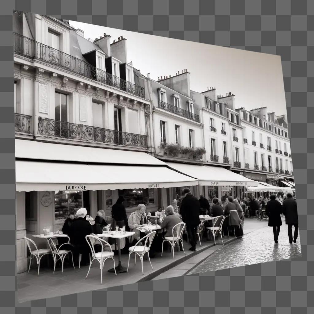 People eat at outdoor tables in a French town