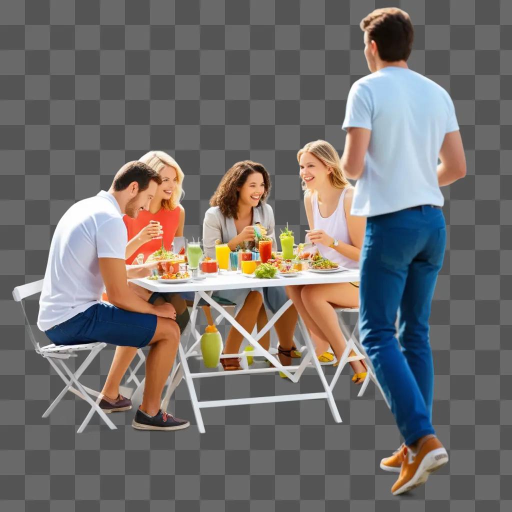 People enjoying lunch at a table with colorful plates of food