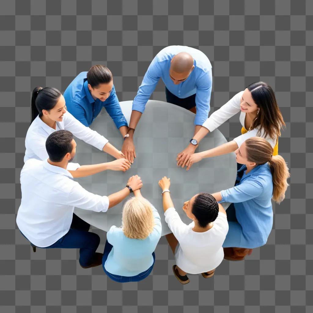 People gather around a table for a team meeting