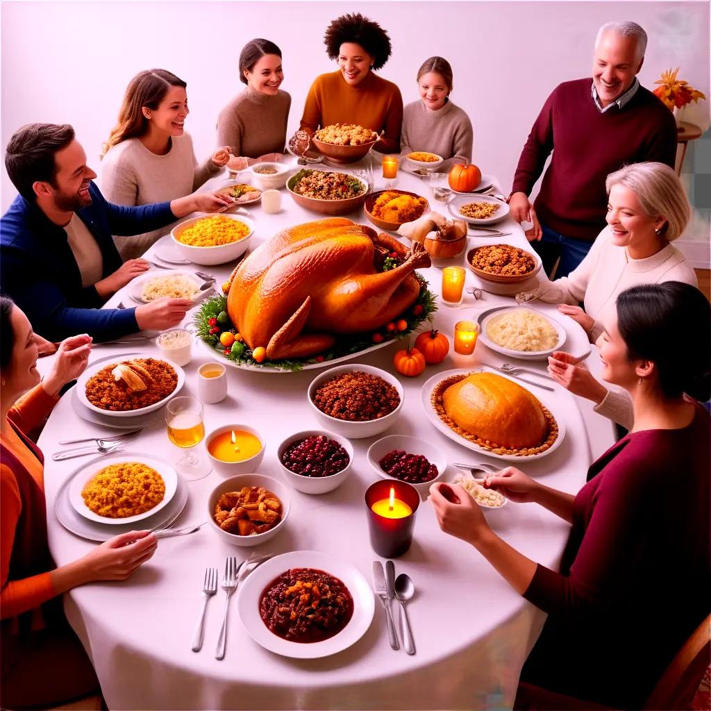 People gather around a table with a turkey on it for a free thanksgiving meal