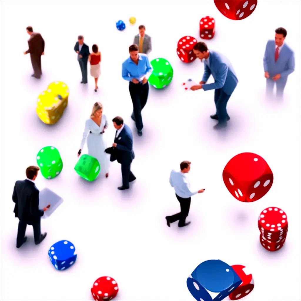 People gather around colorful dice at a casino