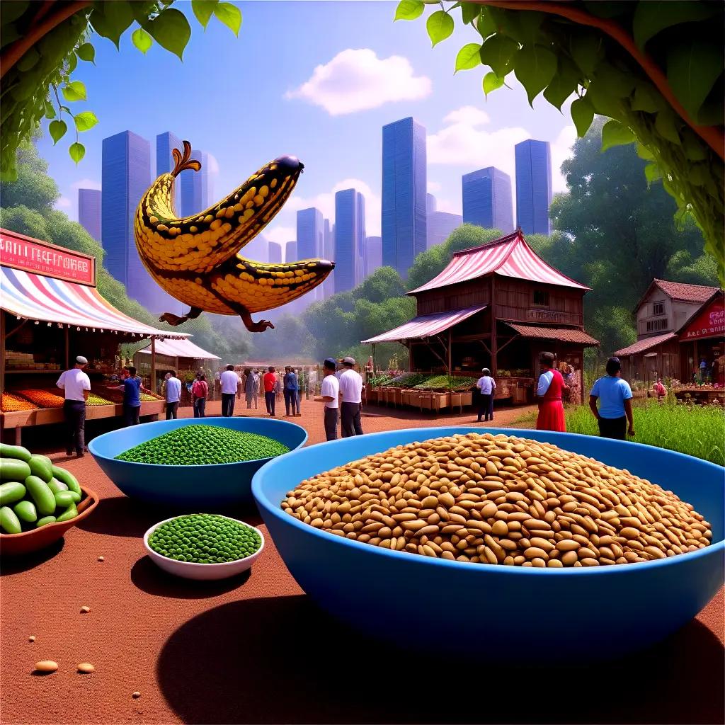 People gather at a farmers market, with large blue bowls of peas and bananas