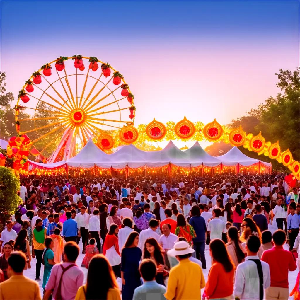 People gather at a large festival in the evening