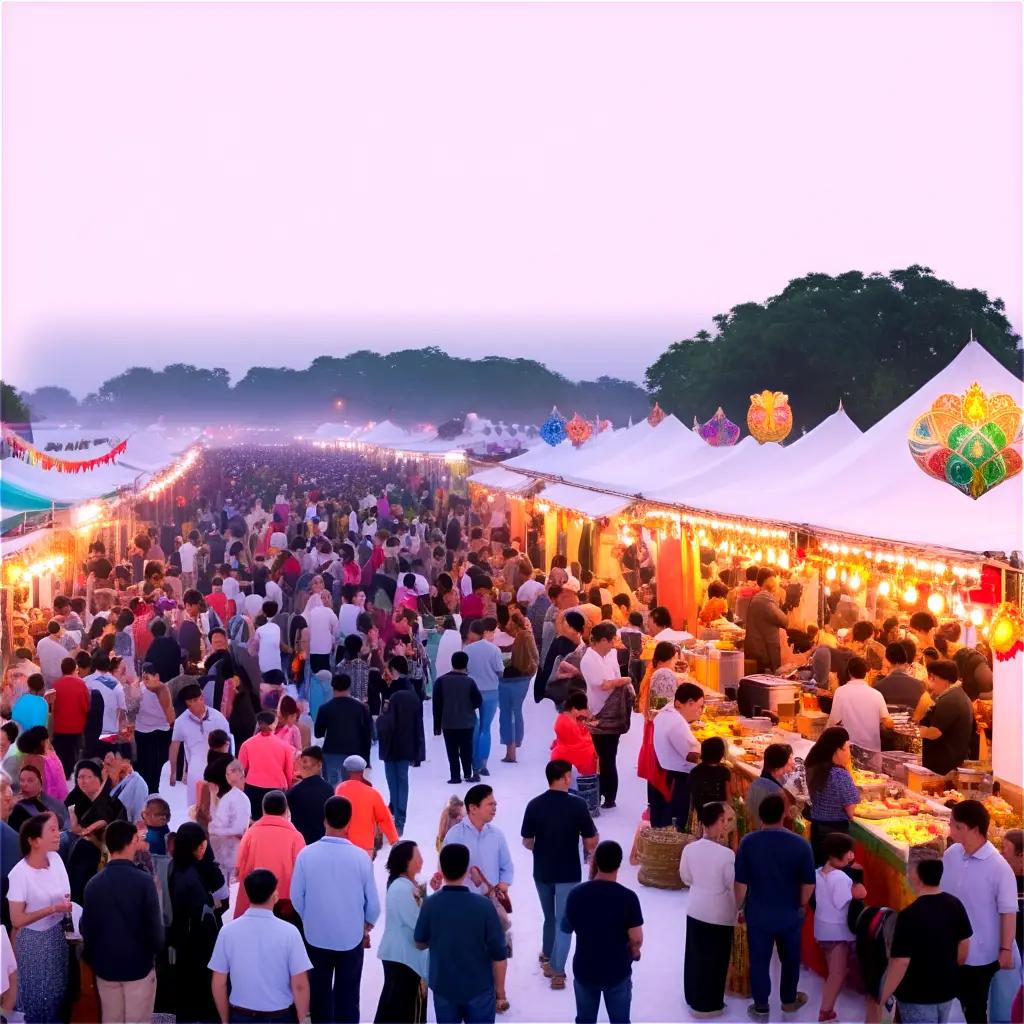 People gather for a festival with vendors and lights