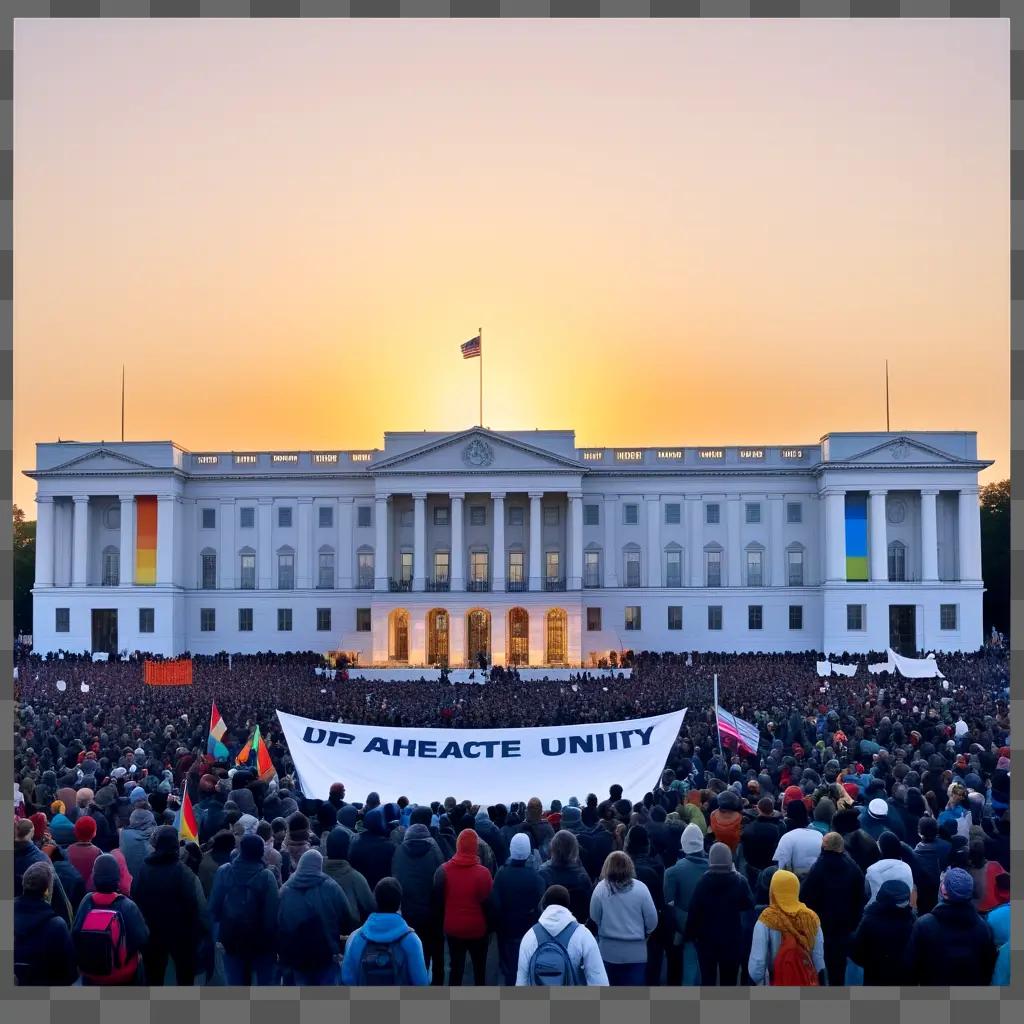 People gather in front of white building with white banner