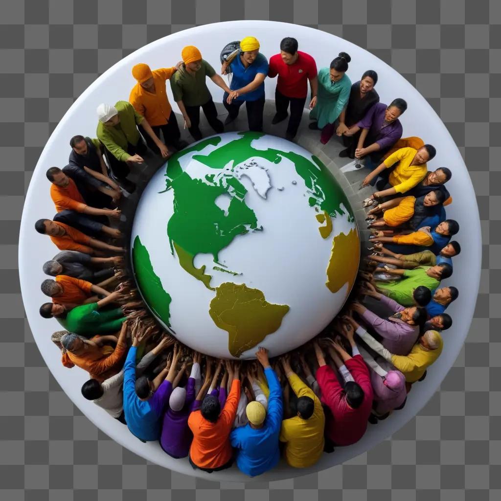 People gathered around globe representing different nations