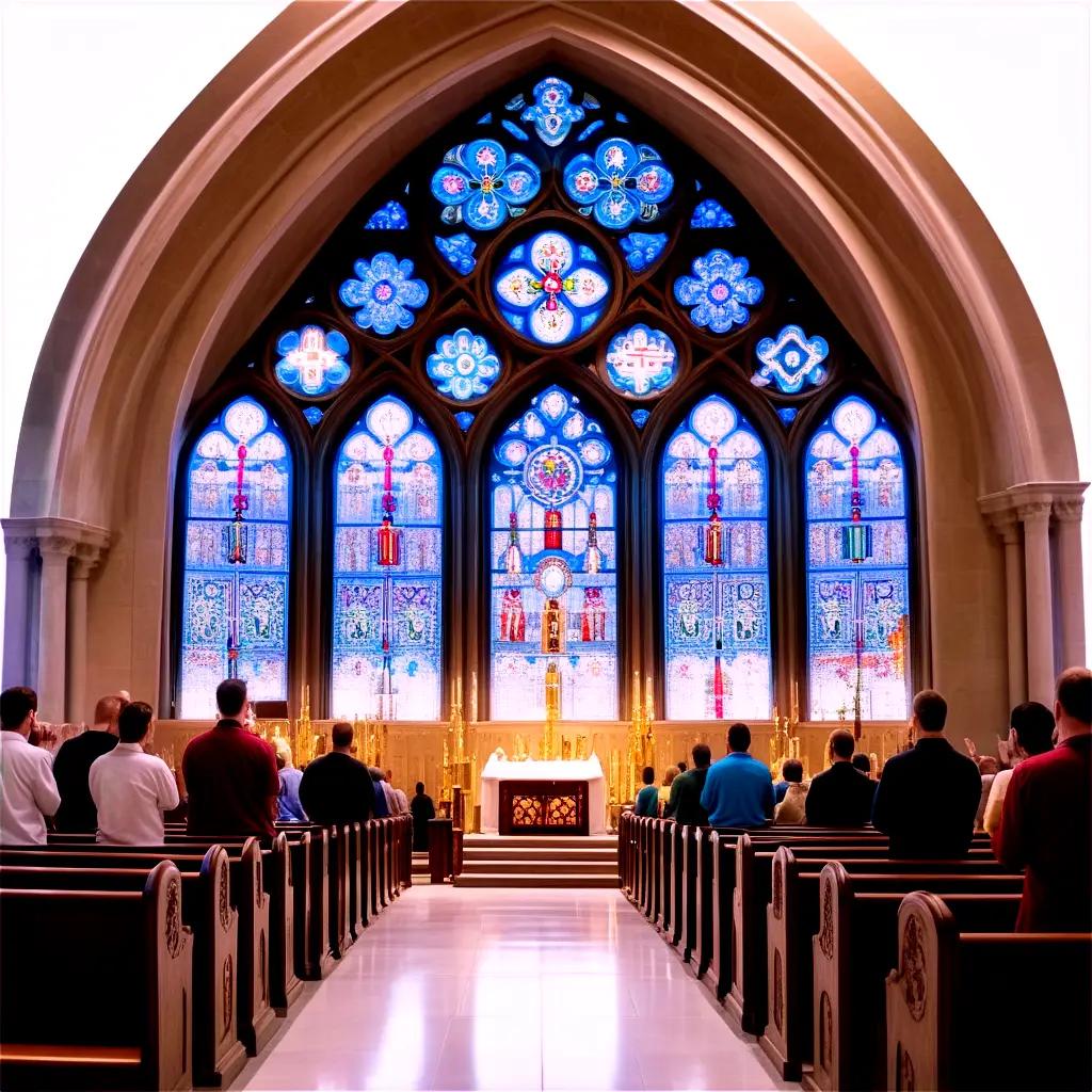 People in church worship and pray together