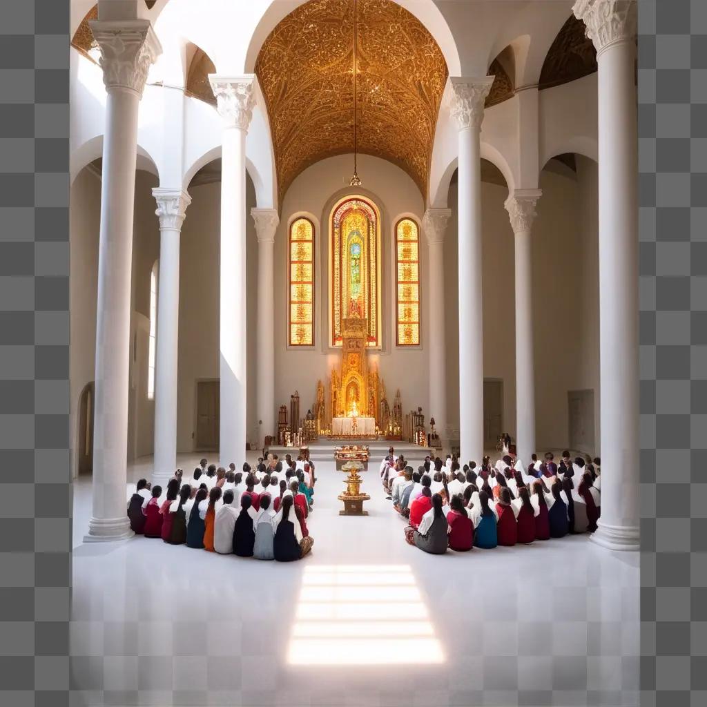 People kneel in front of a church altar