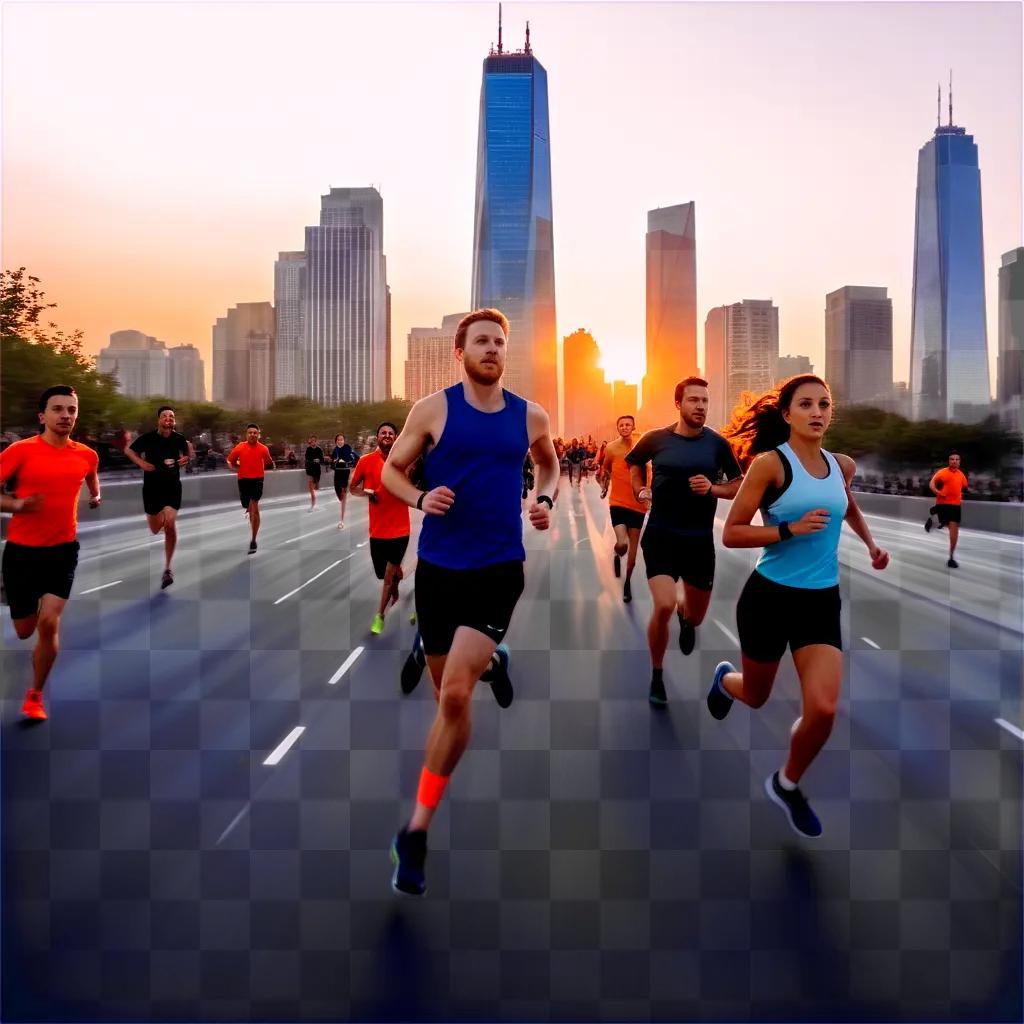 People run down a city street at sunset