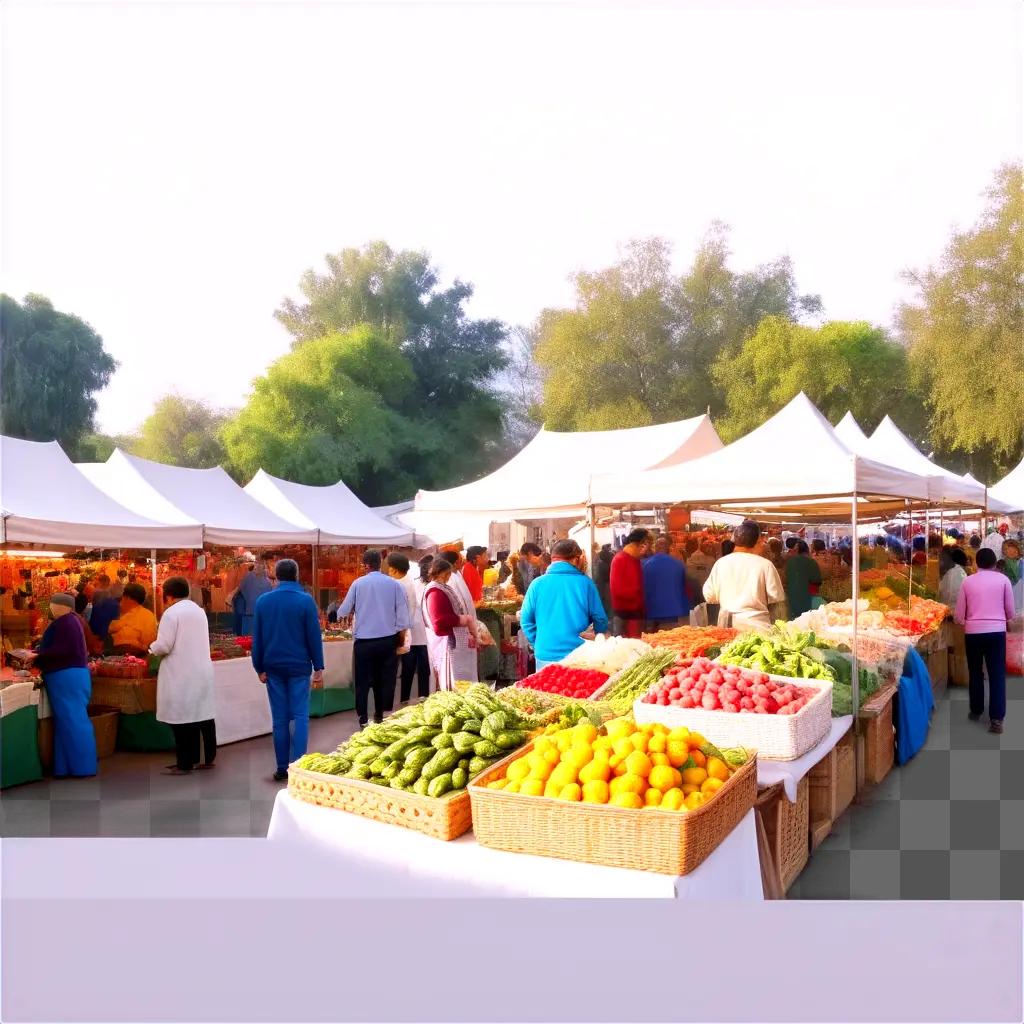 People shop at an outdoor market under white canopies