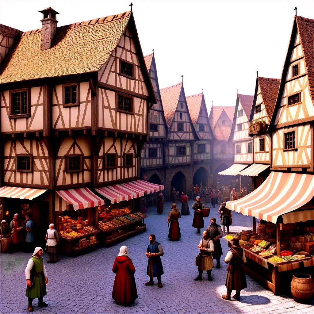 中世の市場で買い物をする人々