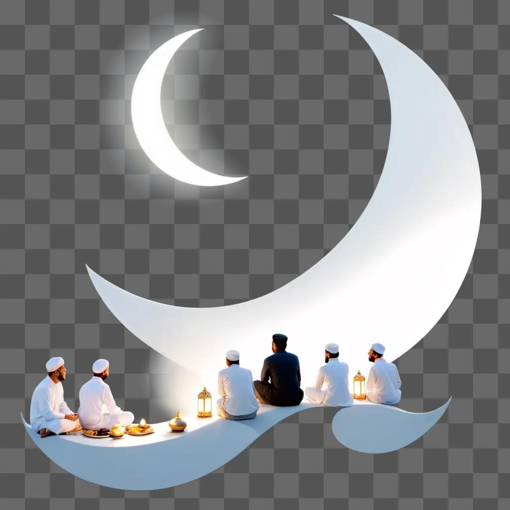 People sitting on a white platform with candles and a crescent moon