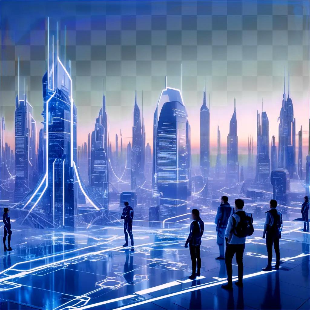 People stand in front of a cityscape with cybernetic buildings