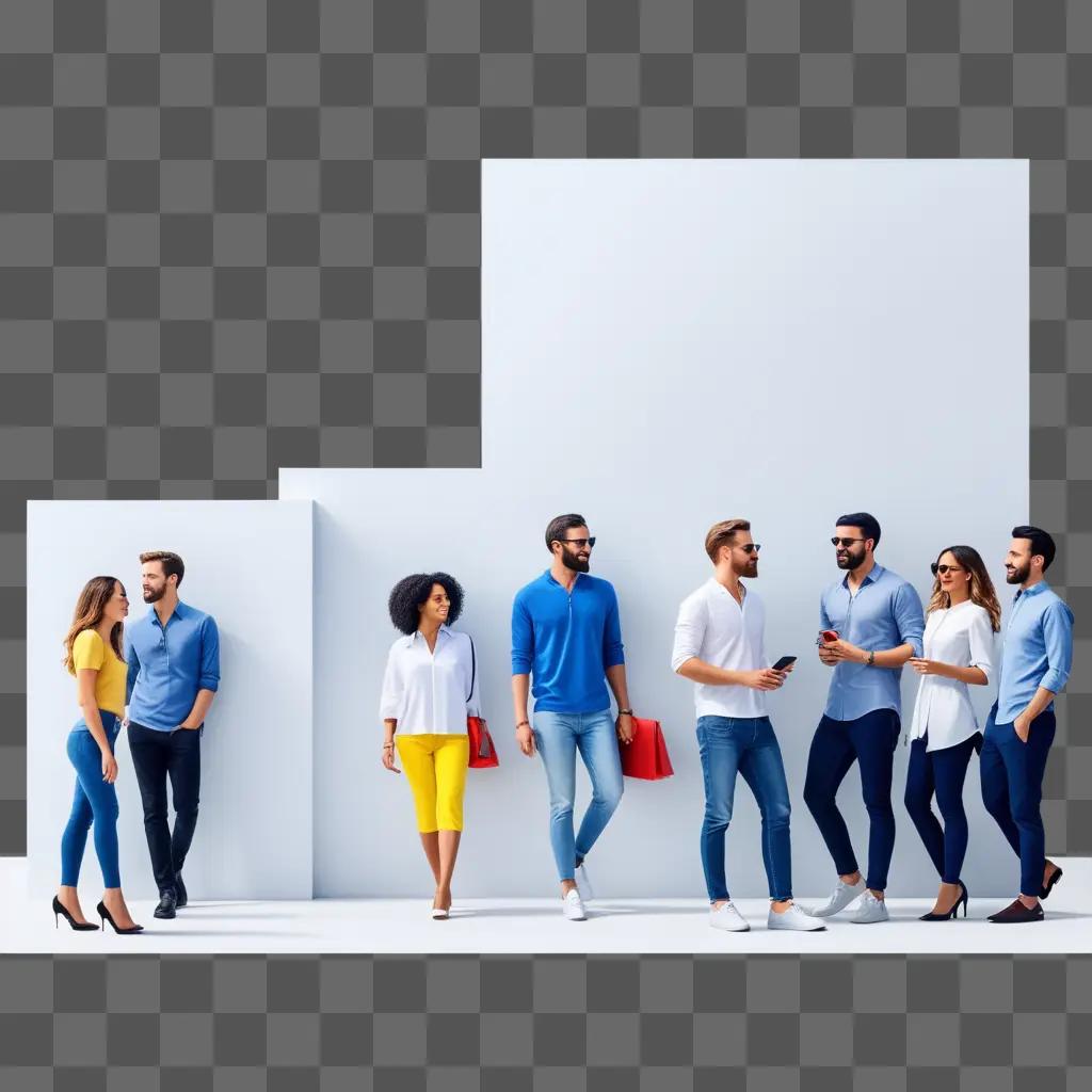 People standing in front of a wall for advertising purposes