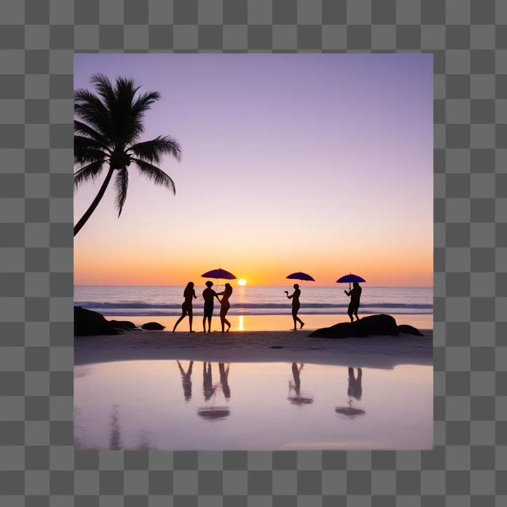 People standing on beach at sunset with umbrellas