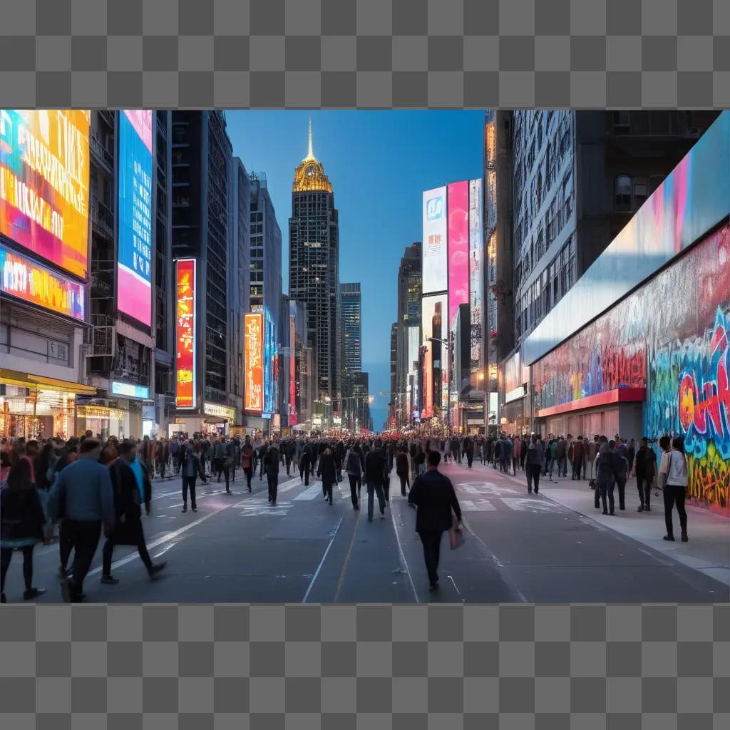 People walk down a busy city street at dusk