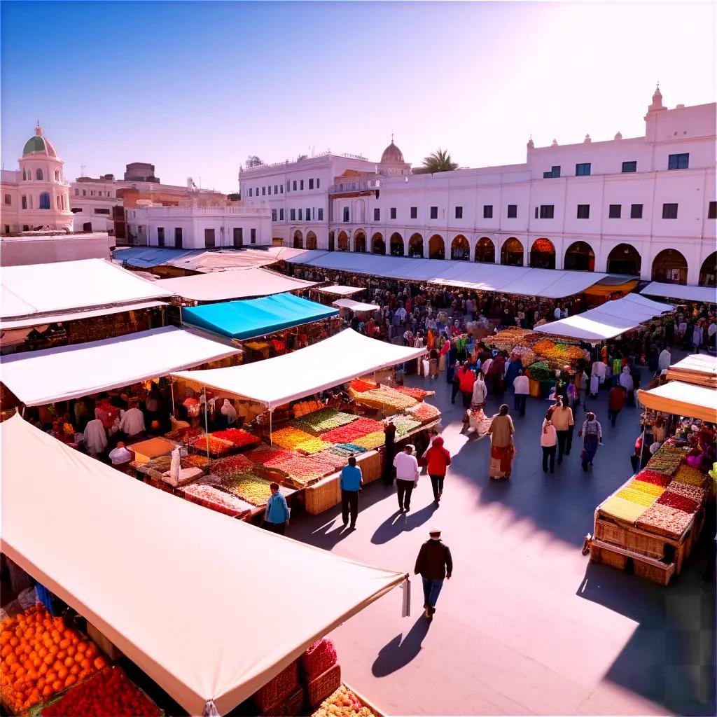 People walk through a busy market under blue skies