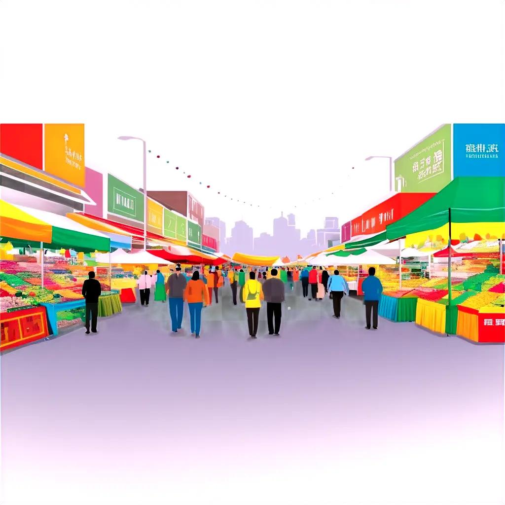 People walk through a colorful market with colorful awnings