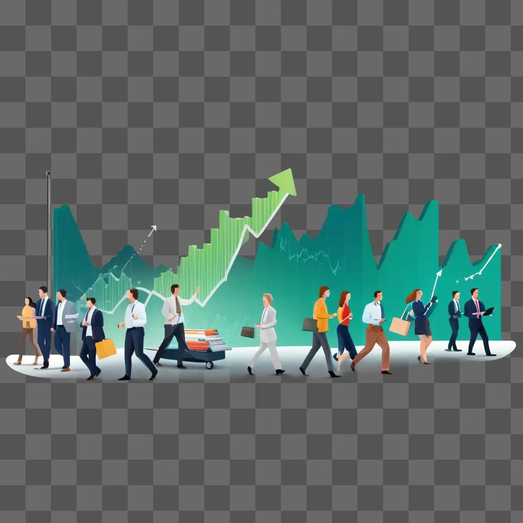 People walking on a green graph of an economy