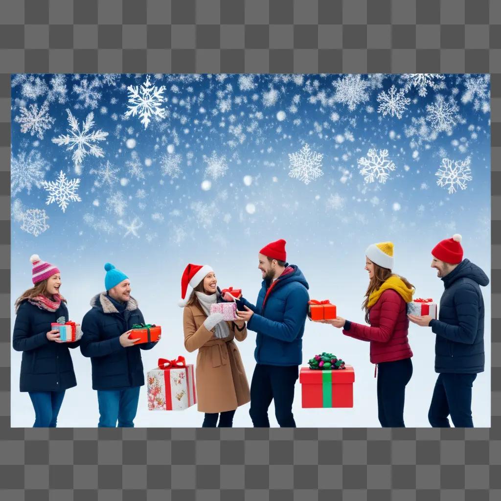 People with gifts standing in the snow