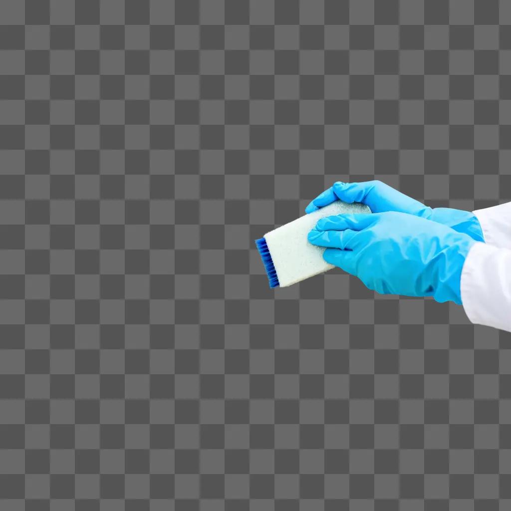 Person holding scrub in gloved hand against blue surface