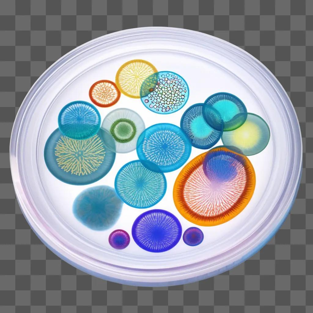 Petri dish with various colored dots and circles