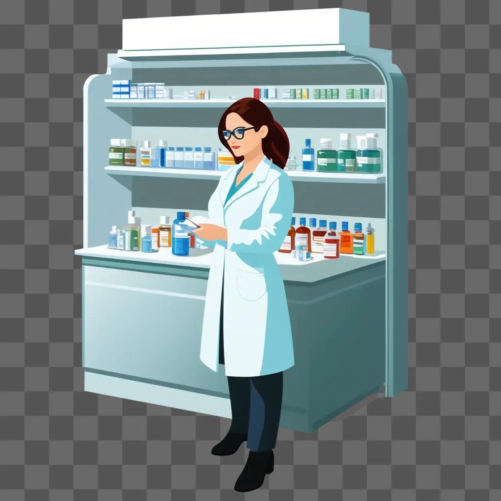 Pharmacy clipart depicts a woman in a white lab coat