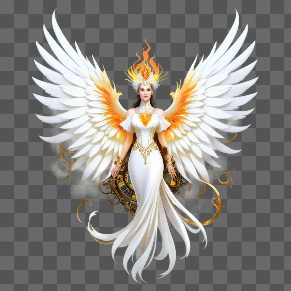 Phoenix with wings and a crown on a white background