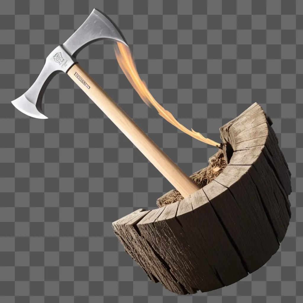 Pick axe on a wooden stump with flames