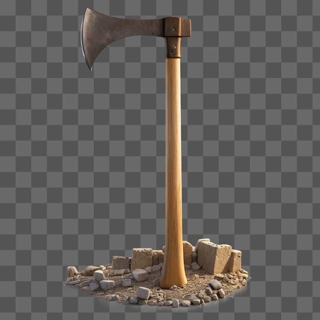 Pick axe with a wooden handle, in a stone pile